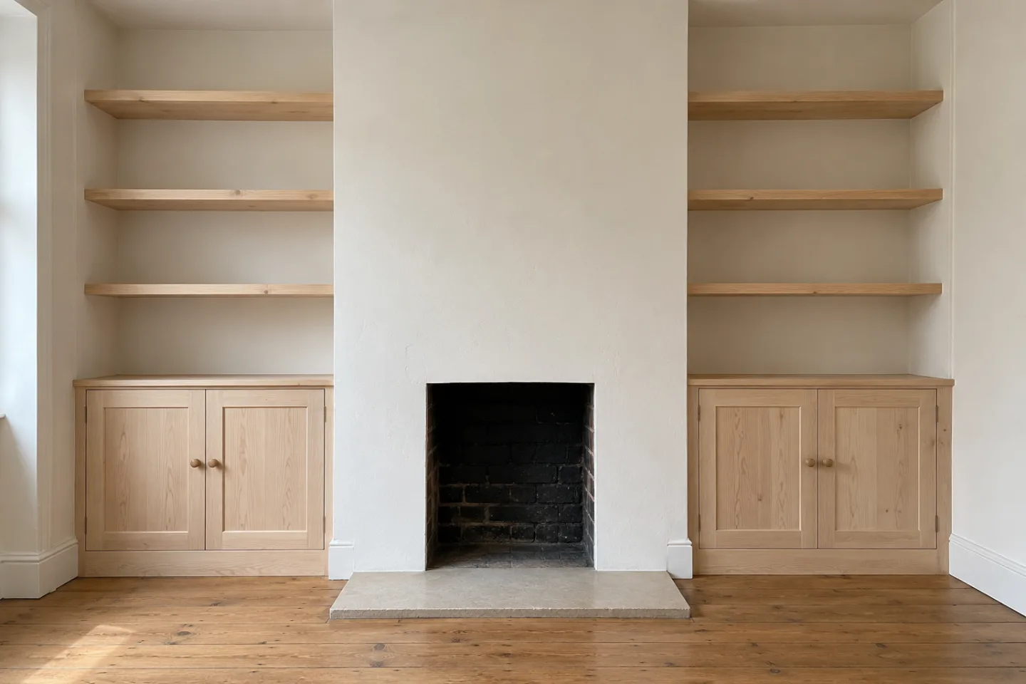 Unpainted timber cupboards and three shelves in each alcove, viewed from the same position.