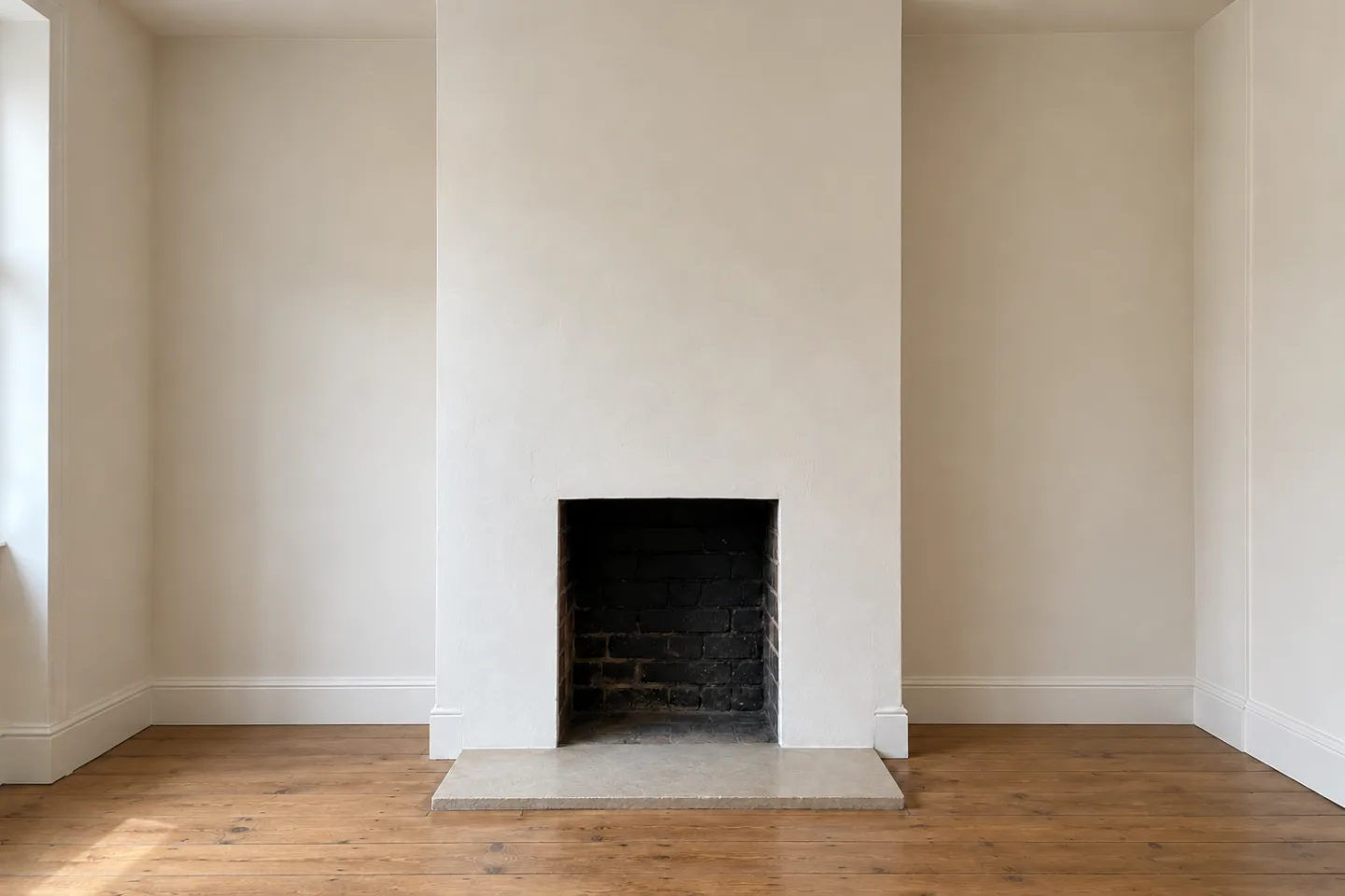 Two empty alcoves beside a chimney breast.